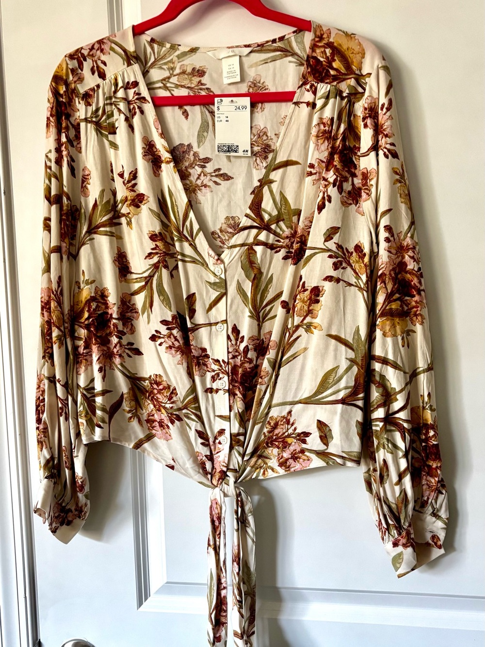 H&M Cream Floral Tie-Front Blouse with Pink and Green Accents